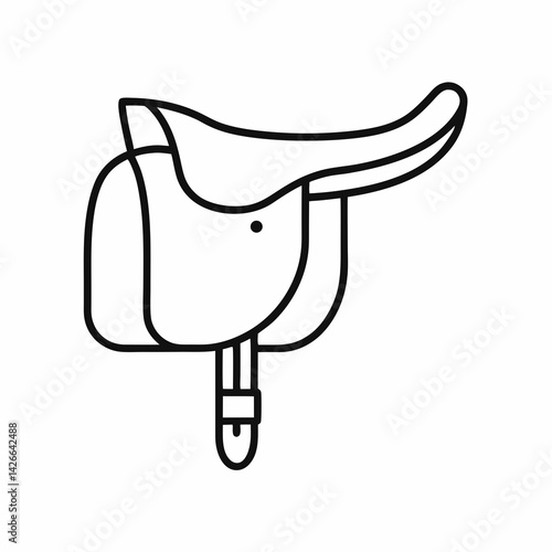 Minimalist line icon of a dressage saddle with a deep seat and long flaps, representing classical equestrian tack.
