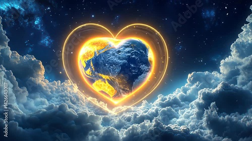 Earth within a golden heart shape at night