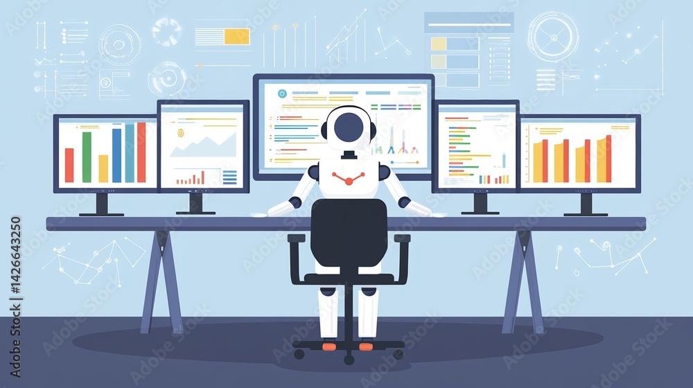 Within a futuristic laboratory filled with holographic displays, a highly advanced robot utilizing stock conducts extensive research and development Within a futuristic laboratory filled with holographic displays, a highly advanced robot utilizing stock conducts extensive research and development