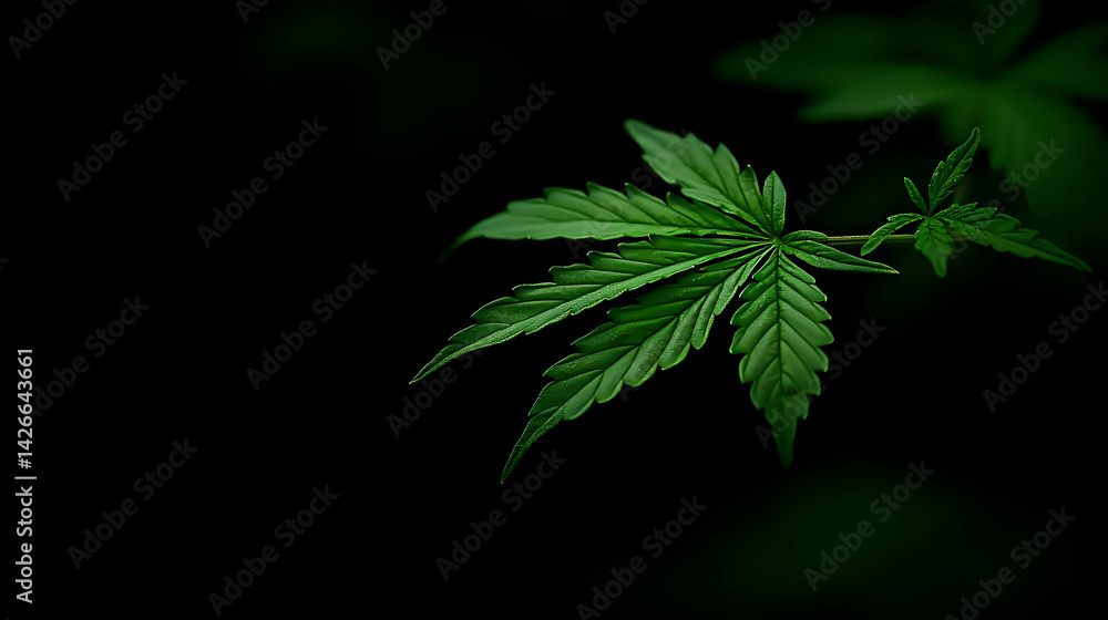 Close Up Green Cannabis Leaf Against Black Background Close Up Green Cannabis Leaf Against Black Background