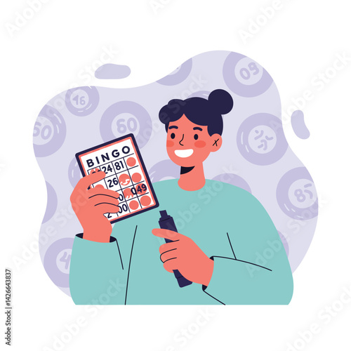 Woman playing bingo holding card and marker in casual setting with joyful expression vector illustration 