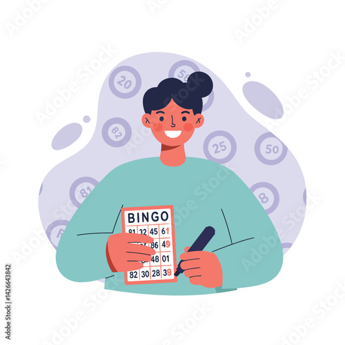 Woman playing bingo holding card and marker with happy expression in casual green sweater  