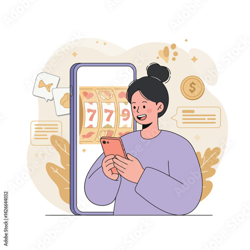 Woman playing slot machine game on mobile phone online casino gambling vector illustration 
