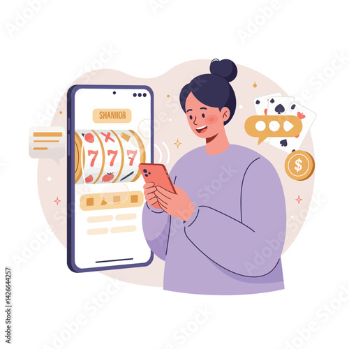 Woman playing online slot machine game on mobile phone digital gambling concept vector illustration 