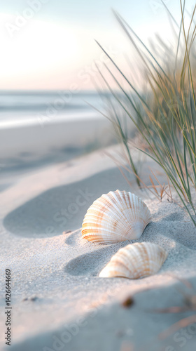 Fototapeta Naklejka Na Ścianę i Meble -  Seashells on peaceful sandy beach at sunrise with gentle grass and pastel sky in tranquil summer seascape