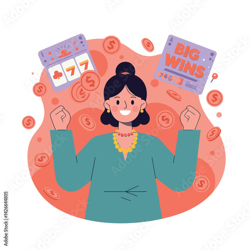 Woman celebrating big casino wins with slot machine and jackpot tickets in vibrant vector illustration 