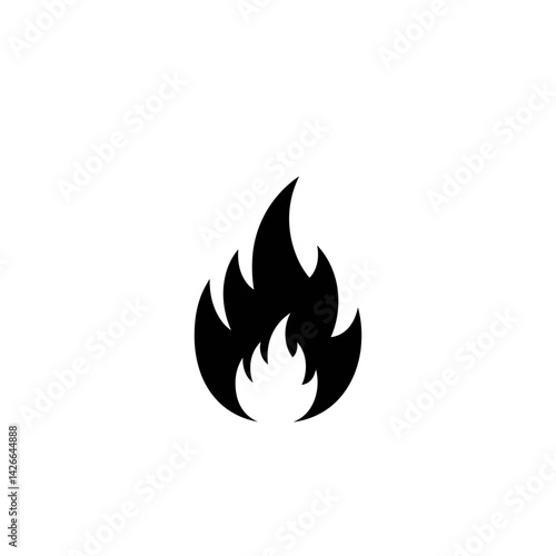 A black flame icon against a white backdrop symbolizing fire