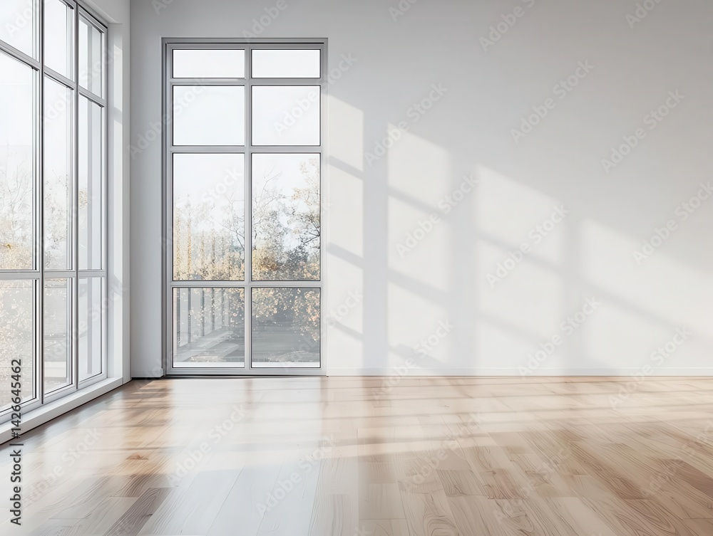 Fototapeta premium Floortoceiling stainless steel pivot windows with frameless hinges, soft light reflection, and modern luxury