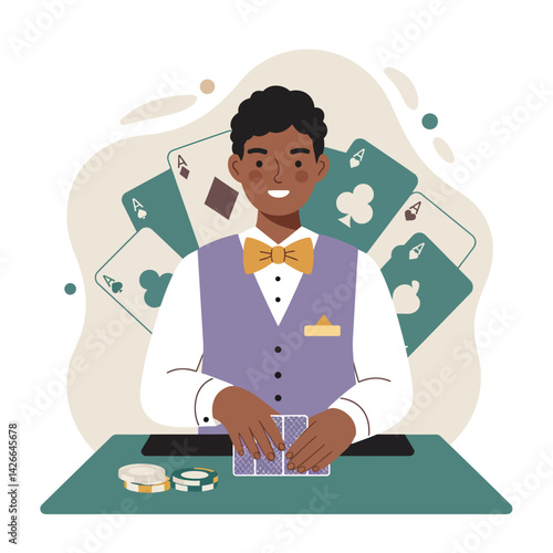 Casino dealer playing poker cards with ace cards and chips in a casino environment vector illustration 