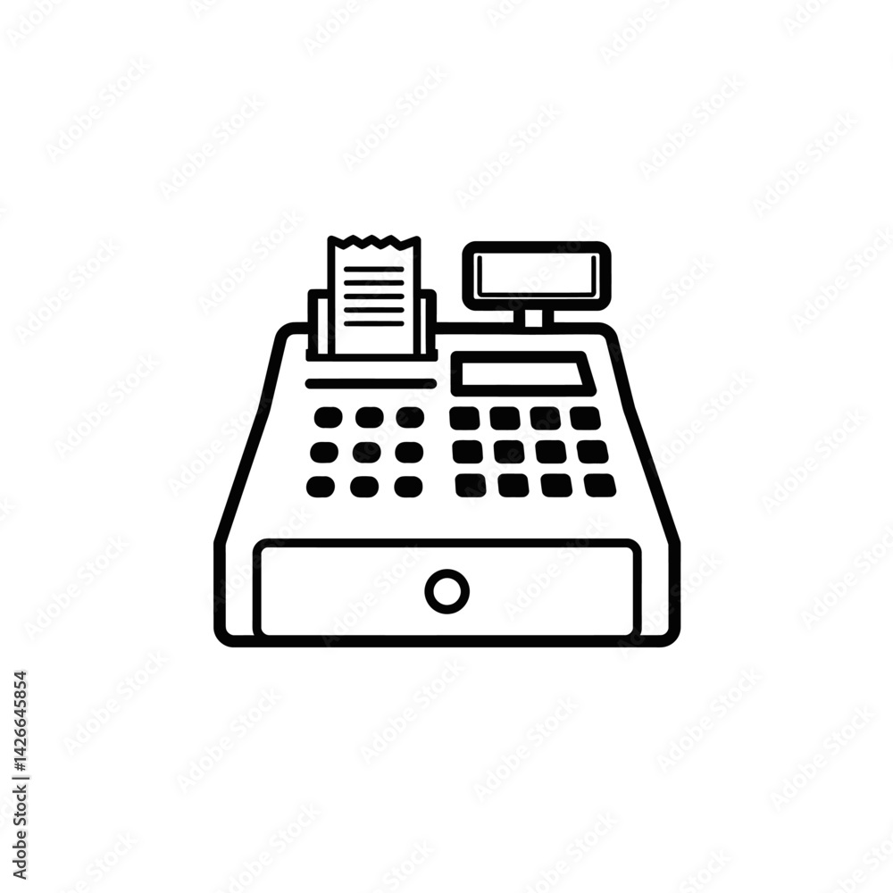 A simple cash register icon showing the front with a receipt and display A simple cash register icon showing the front with a receipt and display