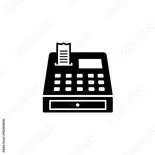 A solid black cash register icon with a receipt sticking out