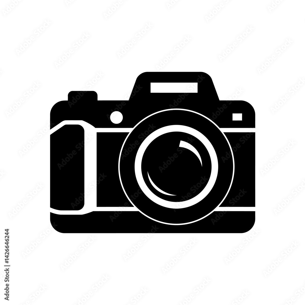 A stylized black camera icon A stylized black camera icon
