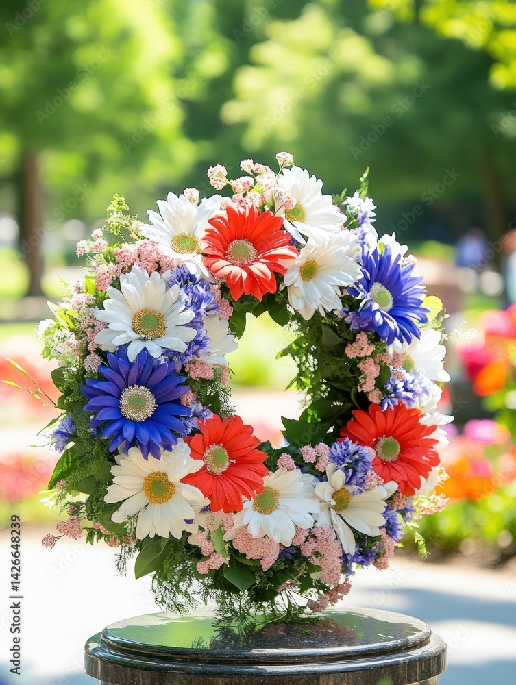 Wreath Made of Red White and Blue Flowers Hung on a Memorial Plaque Honoring Sacrifice and Patriotism