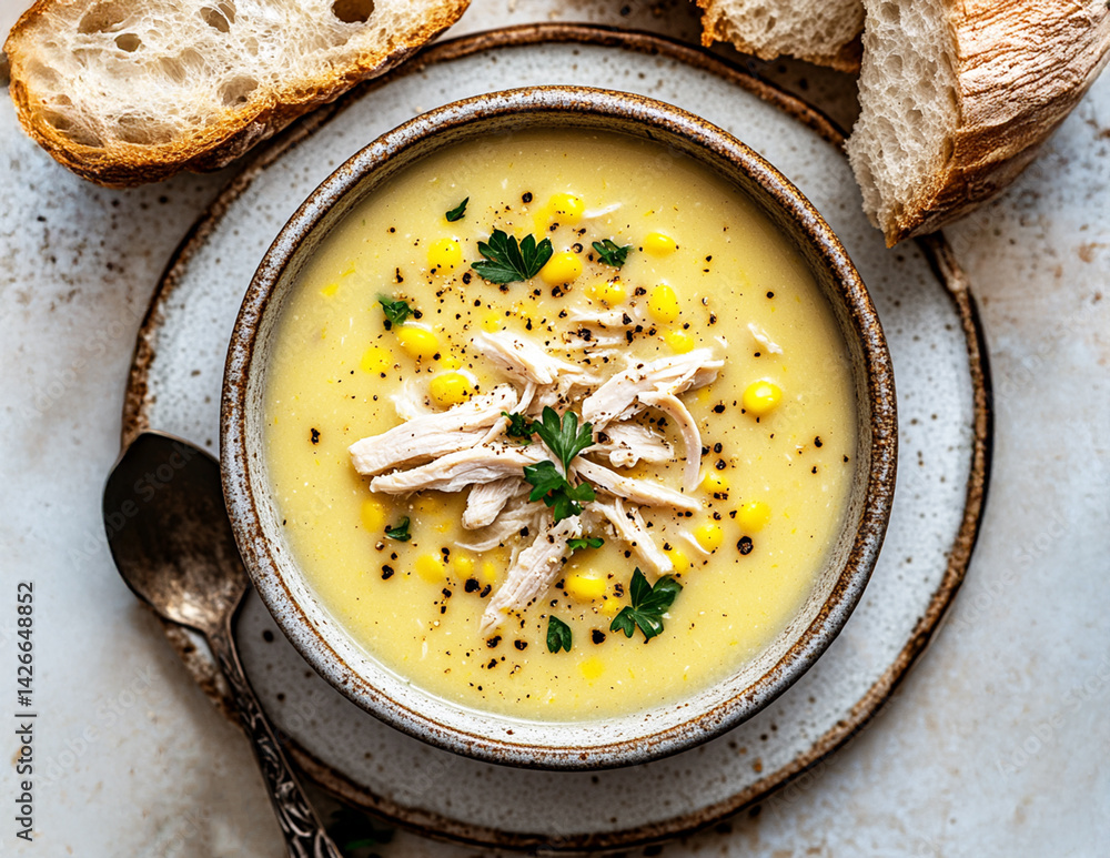 Chicken Corn rich and creamy soup with chicken breast, potatoes, sweet corn. Generated Image