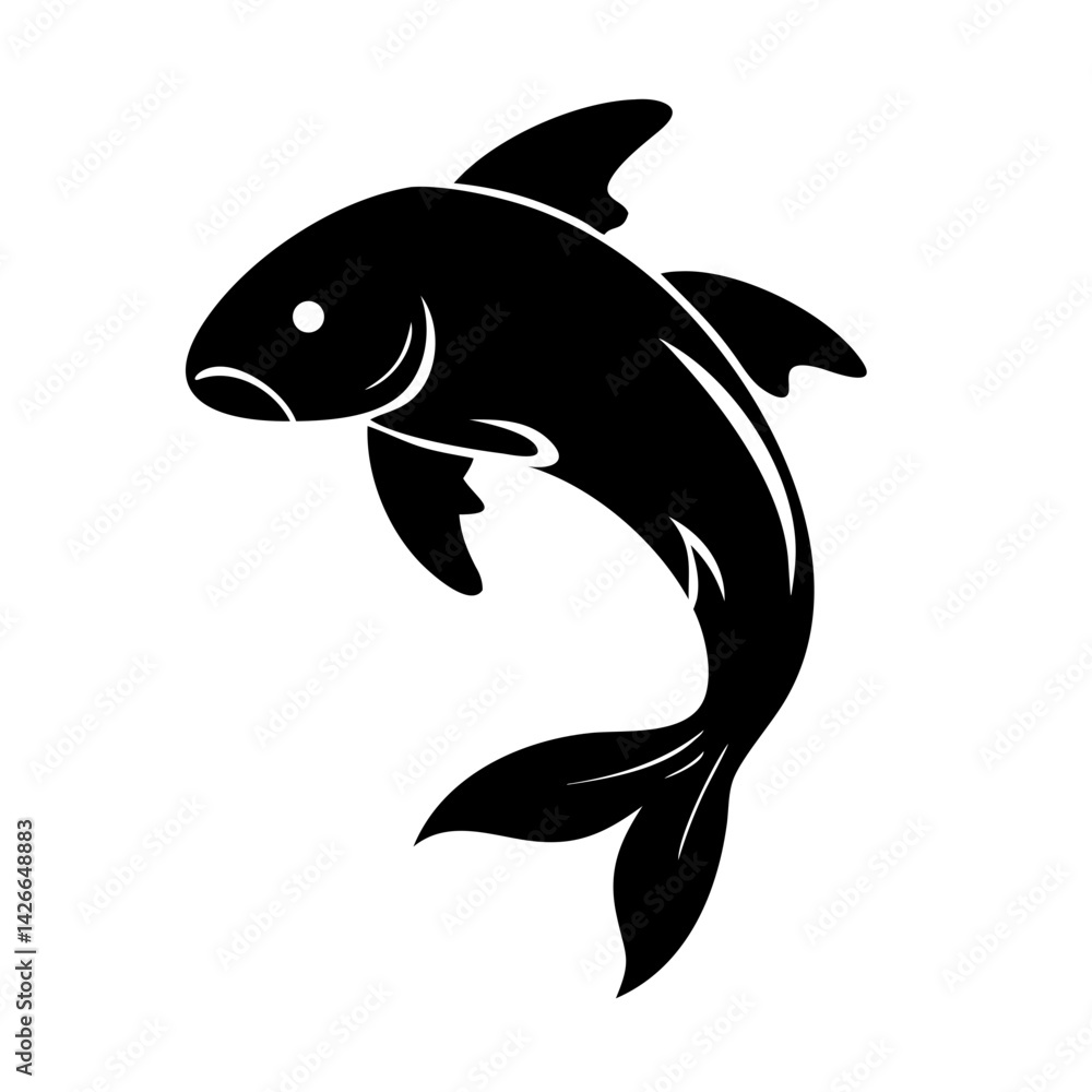 Fototapeta premium Elegant Koi Fish Silhouette - Black and White Vector