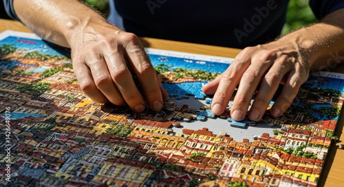 Two hands with fair skin are actively engaged with the puzzle pieces