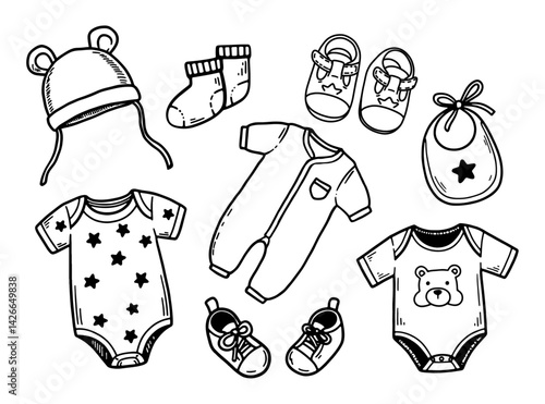 collection of baby clothing and accessories, onesies, bib, socks, hat, simple doodle style sketch set