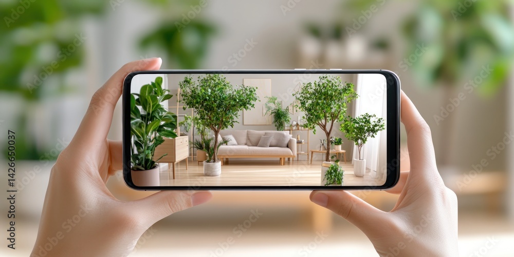A young professional using AR on their smartphone to visualize 3D models of furniture in their living room.