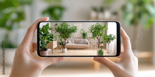 A young professional using AR on their smartphone to visualize 3D models of furniture in their living room.