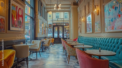 Fototapeta Vibrant cafe interior with art and seating