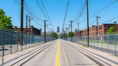 Empty Urban Roadway With Powerlines And Cityscape View