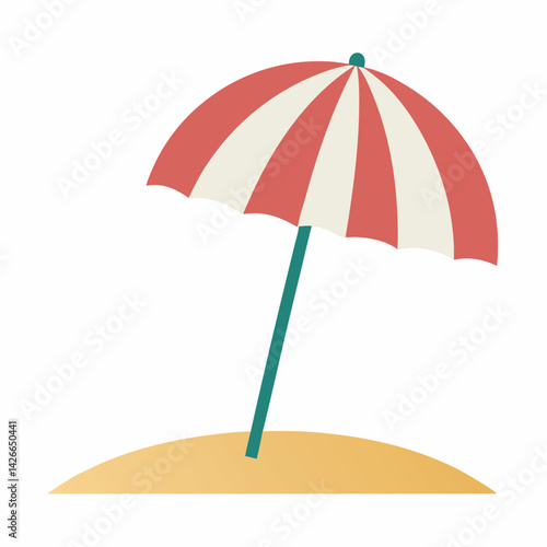 Beach umbrella in flat design. Summer sunshade striped parasol in sand. Vector illustration isolated.