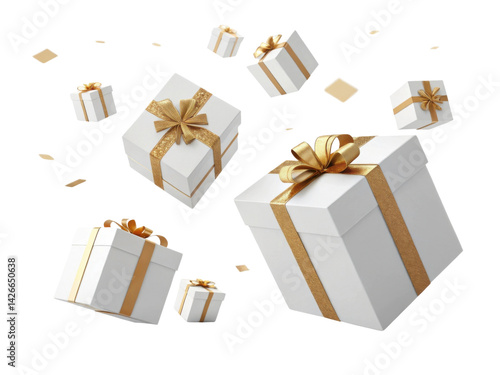 White gift boxes with gold ribbons float joyfully in air creating festive atmosphere