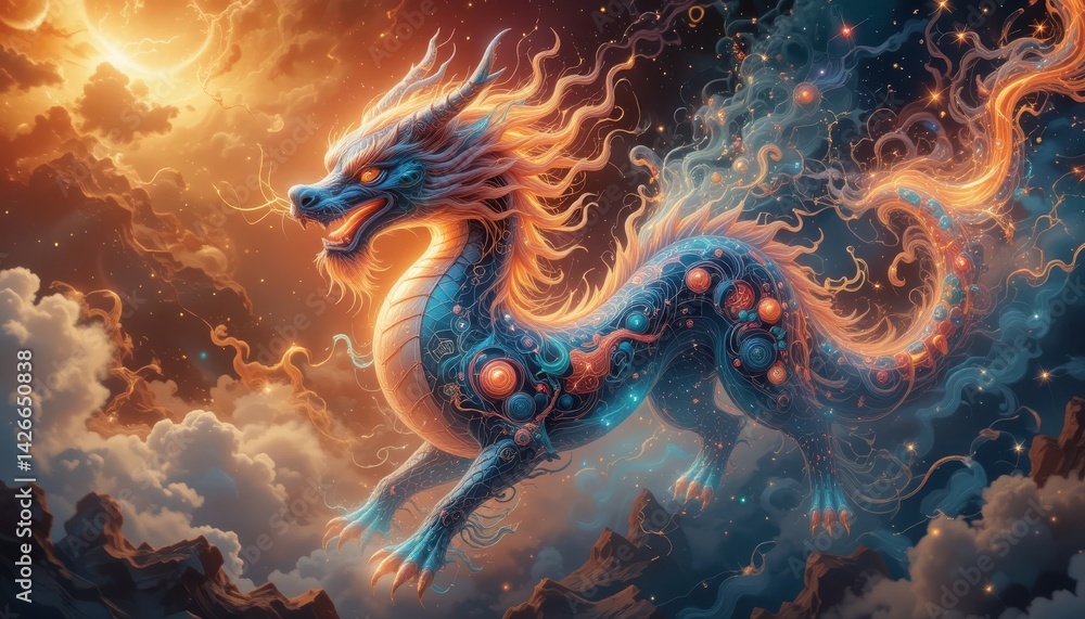 Flying Dragon Amidst Clouds and Stars Fantasy Illustration Flying Dragon Amidst Clouds and Stars Fantasy Illustration