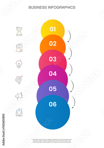Business vector infographics with six circles and arrows. Timeline visualization with 6 steps for diagram, flowchart, banner, presentations, web, content, levels, chart, graphic
