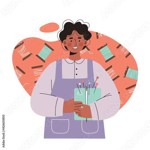 Tailor holding pincushion with sewing needles and threads in apron and white shirt vector illustration 