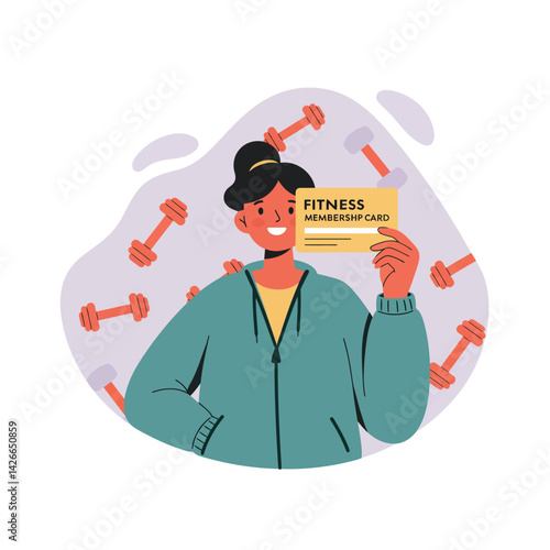 Woman Holding Fitness Membership Card with Dumbbells Background Vector Illustration in Casual Jacket 