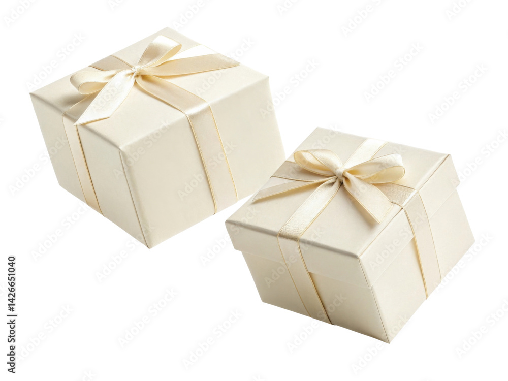 Two elegant gift boxes with cream ribbons create sense of anticipation and joy Two elegant gift boxes with cream ribbons create sense of anticipation and joy