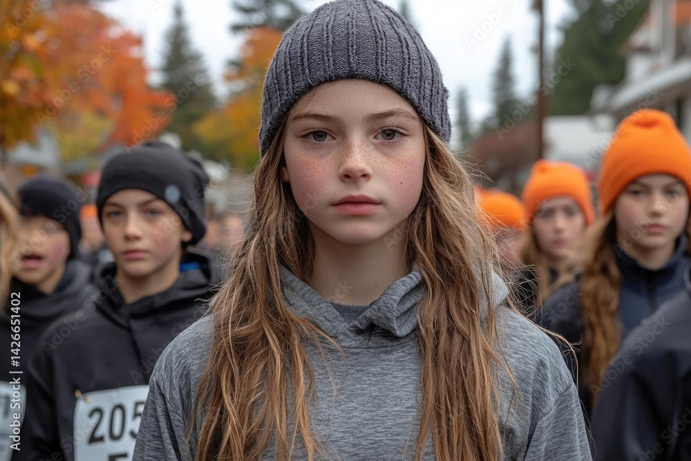 Young athletes prepare for a race in a vibrant autumn setting, showcasing determination and focus Young athletes prepare for a race in a vibrant autumn setting, showcasing determination and focus