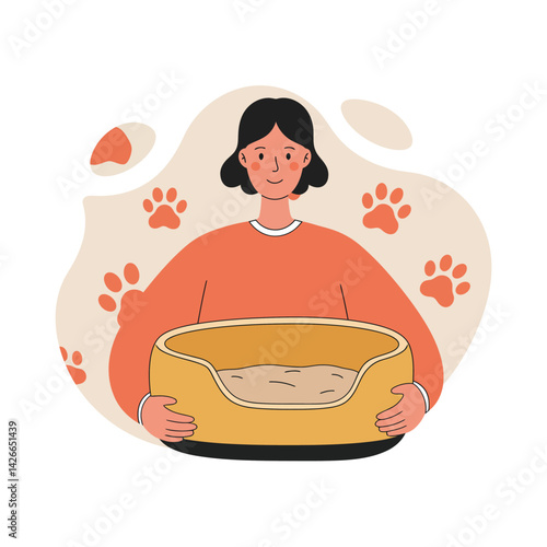 Woman holding dog bed with paw prints background in cozy illustration style