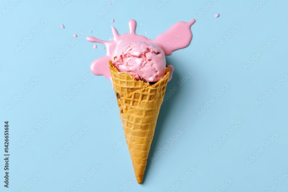 Melted Pink Ice Cream in Wafer Cone on Light Blue Background