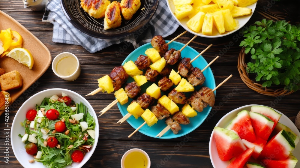 Vibrant Summer Feast with Skewers, Fresh Salad, and Juicy Fruit