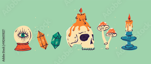 Witchcraft set, mystic magical symbols, hand drawn mystery collection, modern boho style elements for print design crystal, tarot cards, potion.