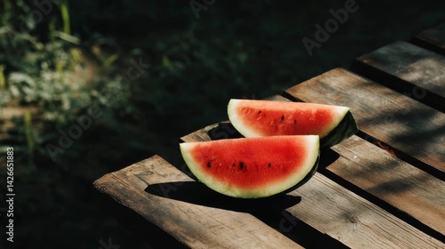 Fresh Watermelon Slices on Wooden Picnic Table in Natural Light