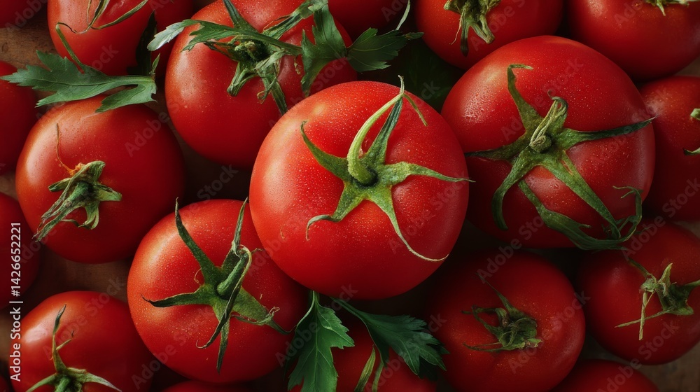 Fresh Red Tomatoes from Top View with Green Leaves and Texture