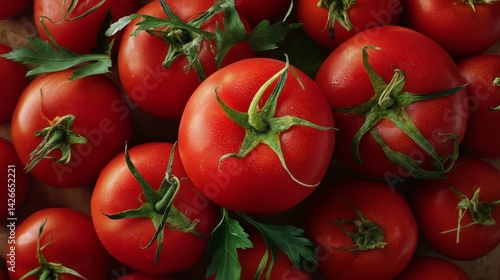 Fresh Red Tomatoes from Top View with Green Leaves and Texture