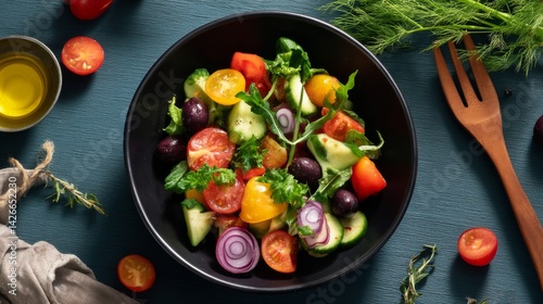Obraz na płótnie Colorful Summer Vegetable Salad with Fresh Ingredients and Herbs w salonie