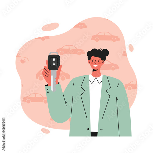 Woman holding car key fob smiling with car icons in background vector illustration