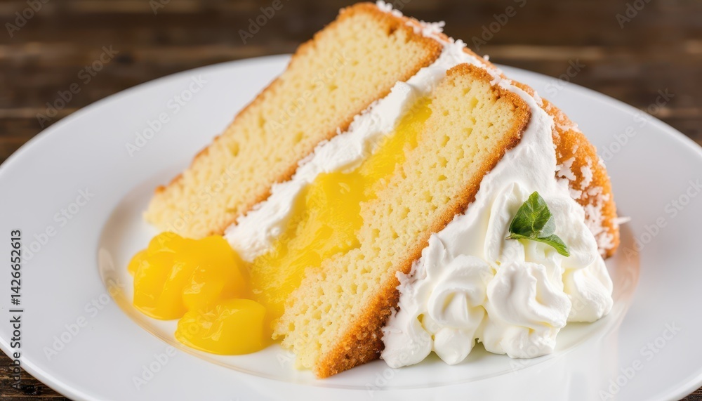 A fragrant coconut cake layered with pineapple compote and whipped cream. A fragrant coconut cake layered with pineapple compote and whipped cream.