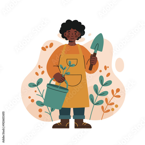 Person holding gardening trowel and watering can with plant in orange apron vector illustration 
