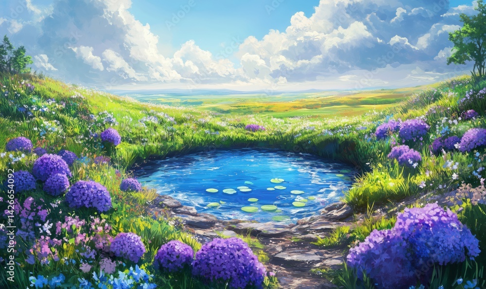 Naklejka premium Serene pond surrounded by vibrant flowers and lush green hills under a bright sky