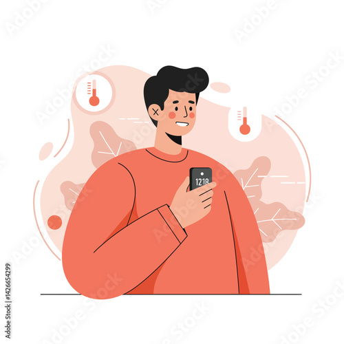 Young man using smartphone for temperature check with stylized thermometers and warm tones vector illustration 