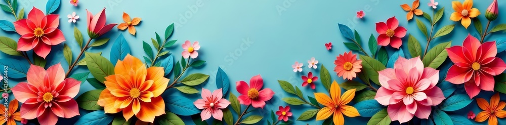 Fototapeta premium Intricate floral design with colourful paper cut flowers, mosaic, background, pattern