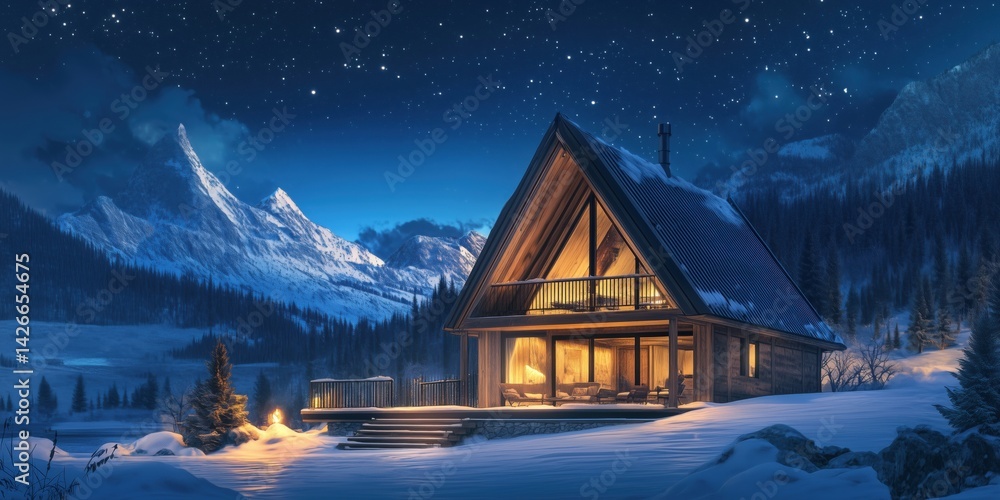 Fototapeta premium Cozy winter cabin in snowy mountains under starry night sky