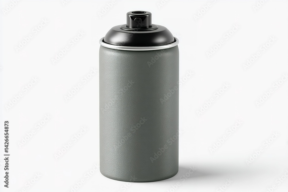 Gray spray paint can designed for artistic projects and home improvement tasks found in a workshop or art studio setting