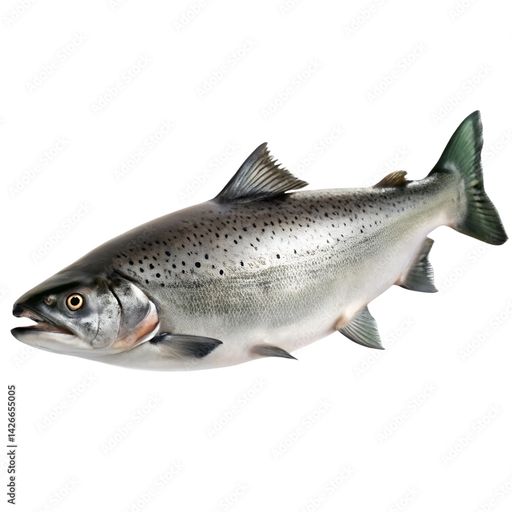 Obraz premium Fresh Atlantic salmon fish isolated on white background, whole raw silver salmon with scales, realistic seafood illustration for menu design